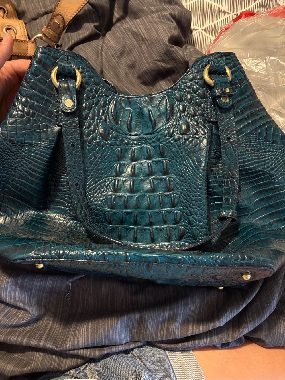 Brahmin Teal Croc-Embossed Shoulder Bag with Gold Hardware